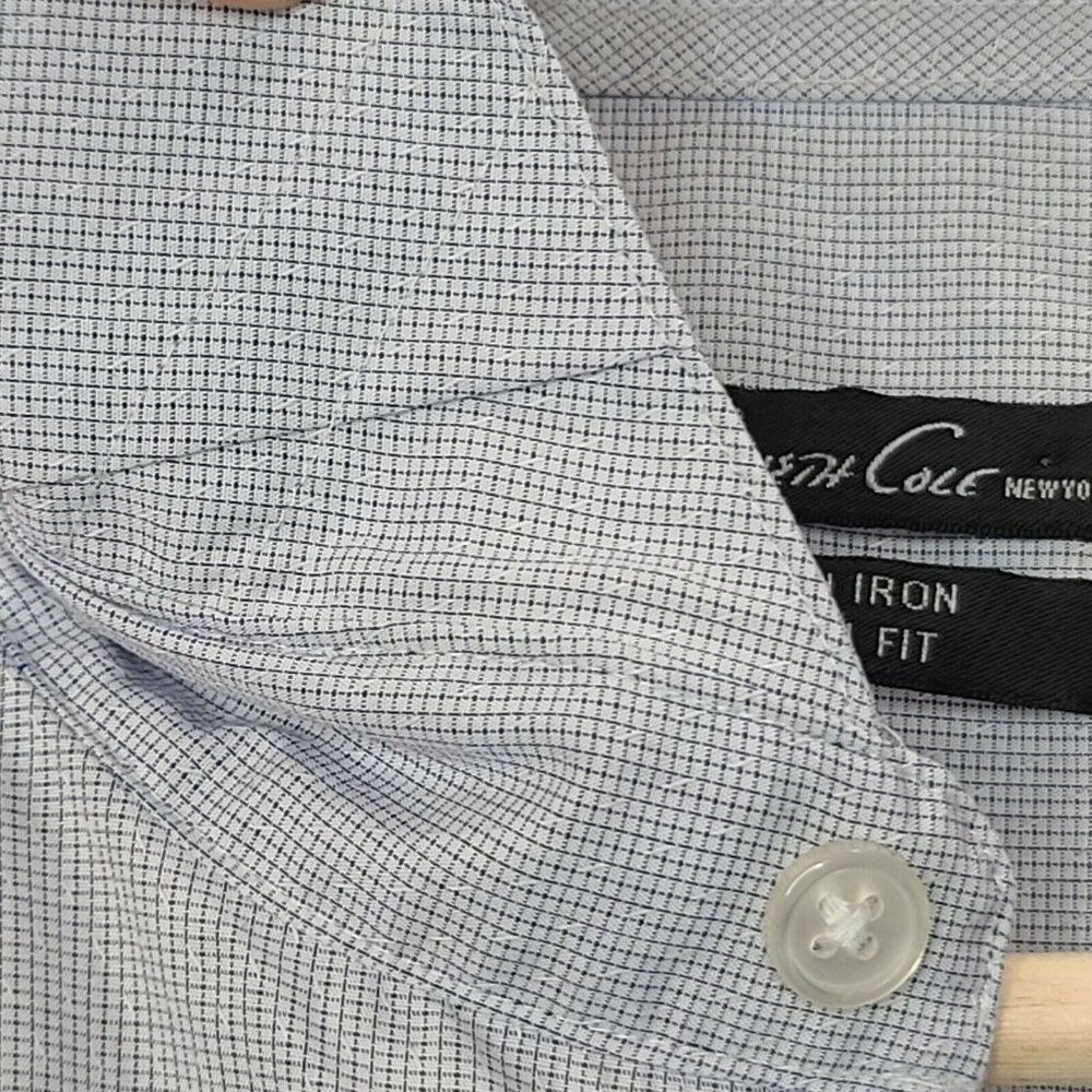 Kenneth Cole Dress Shirt 2XL Men Size 18 34/35 Light Blue Grid Check Long Sleeve - Picture 9 of 12